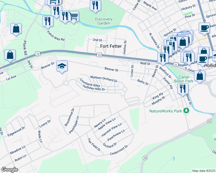 map of restaurants, bars, coffee shops, grocery stores, and more near Courtland Alley in Hollidaysburg