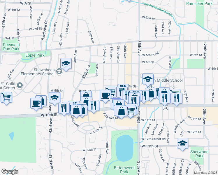 map of restaurants, bars, coffee shops, grocery stores, and more near 818 37th Avenue in Greeley