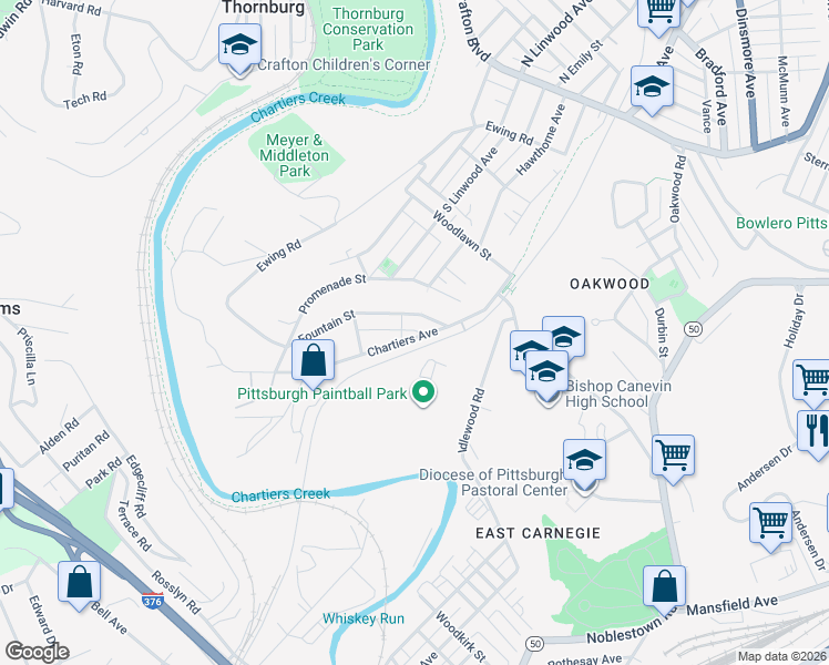 map of restaurants, bars, coffee shops, grocery stores, and more near 11 Fountain Street in Crafton
