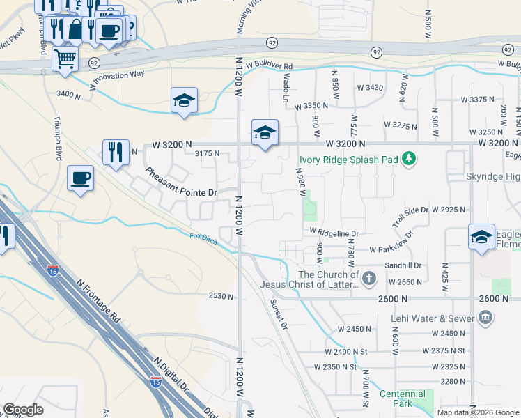 map of restaurants, bars, coffee shops, grocery stores, and more near 1065 West 3020 North in Lehi