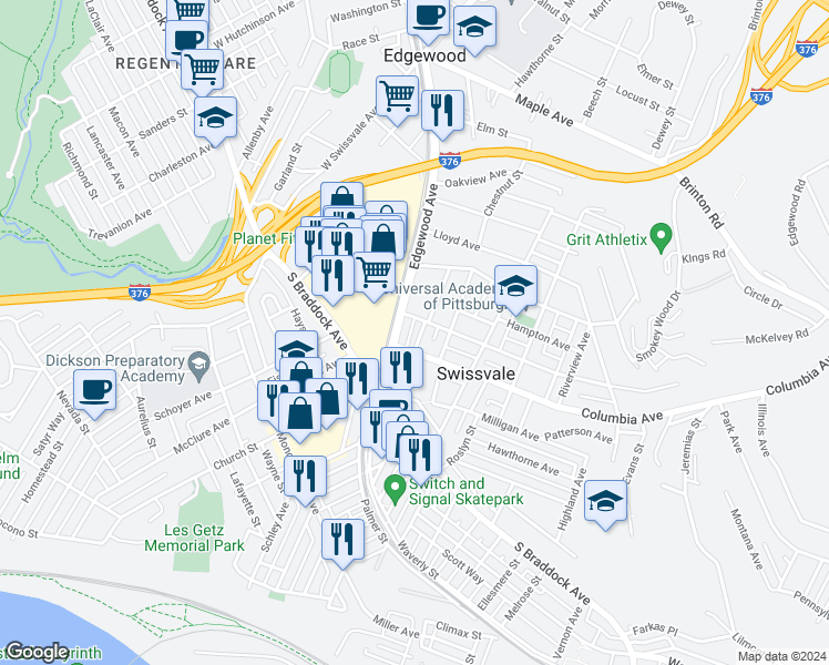 map of restaurants, bars, coffee shops, grocery stores, and more near 7810 Edgewood Avenue in Pittsburgh