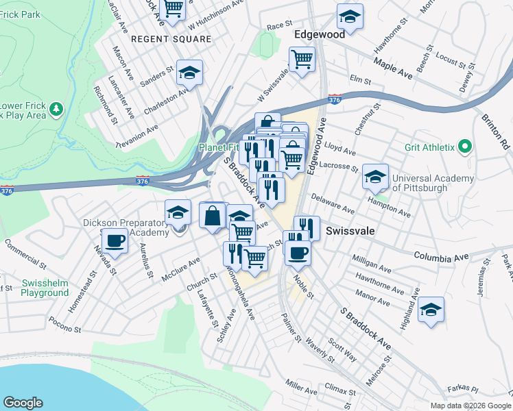 map of restaurants, bars, coffee shops, grocery stores, and more near 7469 Schoyer Avenue in Pittsburgh