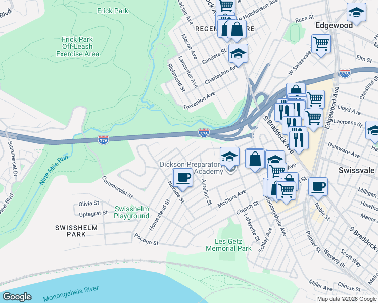 map of restaurants, bars, coffee shops, grocery stores, and more near 7204 Raymond Street in Pittsburgh