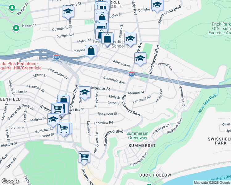 map of restaurants, bars, coffee shops, grocery stores, and more near 6366 Monitor Street in Pittsburgh