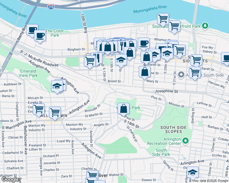 map of restaurants, bars, coffee shops, grocery stores, and more near C9 Pius Street in Pittsburgh