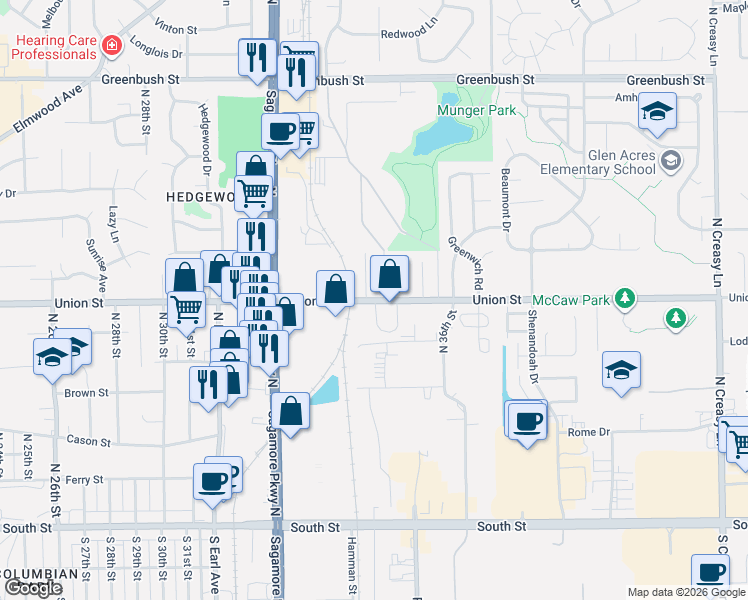 map of restaurants, bars, coffee shops, grocery stores, and more near 3434-3450 Union St in Lafayette