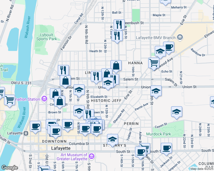 map of restaurants, bars, coffee shops, grocery stores, and more near 800 North 12th Street in Lafayette