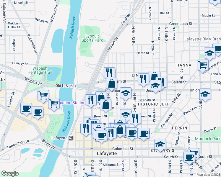 map of restaurants, bars, coffee shops, grocery stores, and more near 809 North 6th Street in Lafayette
