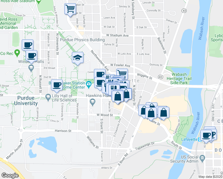 map of restaurants, bars, coffee shops, grocery stores, and more near 209 Northwestern Avenue in West Lafayette