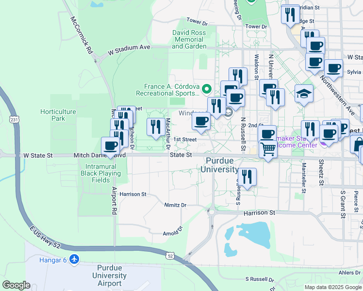 map of restaurants, bars, coffee shops, grocery stores, and more near 1250 1st Street in West Lafayette