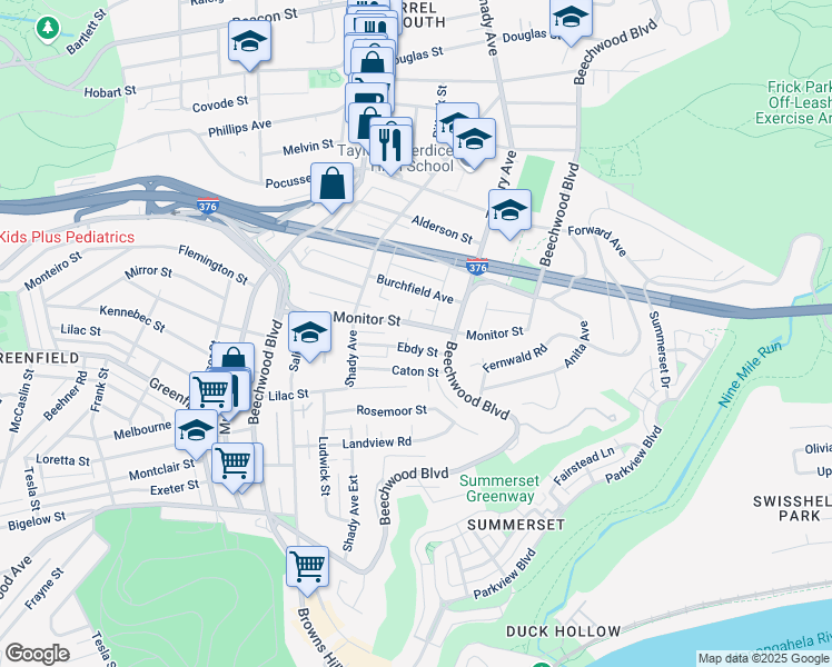 map of restaurants, bars, coffee shops, grocery stores, and more near 6366 Monitor Street in Pittsburgh