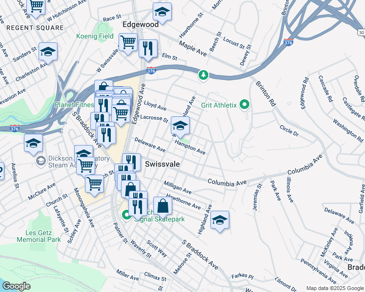 map of restaurants, bars, coffee shops, grocery stores, and more near 2116 Hampton Avenue in Swissvale