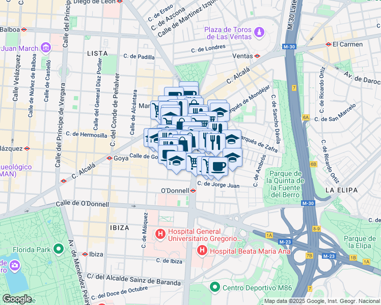 map of restaurants, bars, coffee shops, grocery stores, and more near 17 Calle del Jardín de San Federico in Madrid