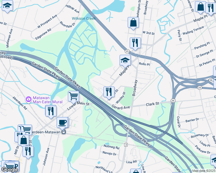 map of restaurants, bars, coffee shops, grocery stores, and more near 44 Lower Main Street in Matawan