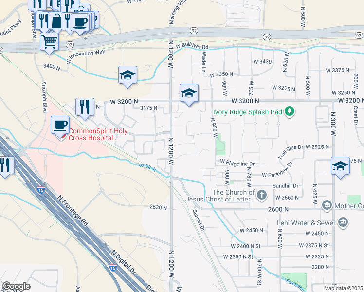 map of restaurants, bars, coffee shops, grocery stores, and more near 1155 West 2980 North in Lehi