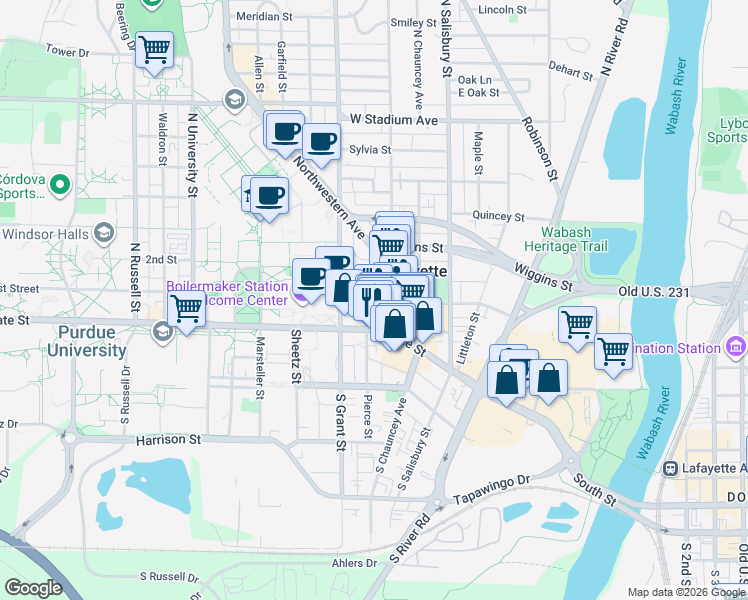 map of restaurants, bars, coffee shops, grocery stores, and more near 209 Northwestern Avenue in West Lafayette
