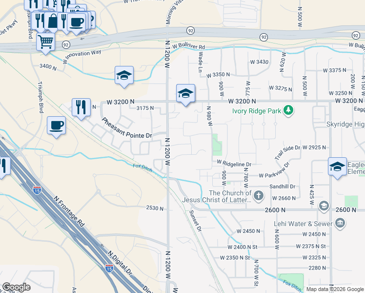 map of restaurants, bars, coffee shops, grocery stores, and more near 1127 West State Street in Lehi