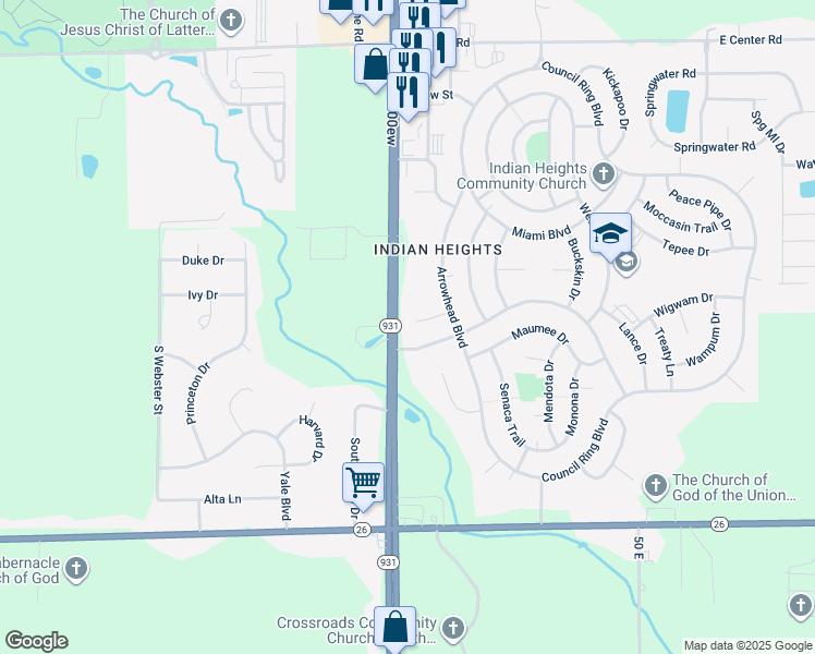 map of restaurants, bars, coffee shops, grocery stores, and more near 405 Brave Court in Kokomo