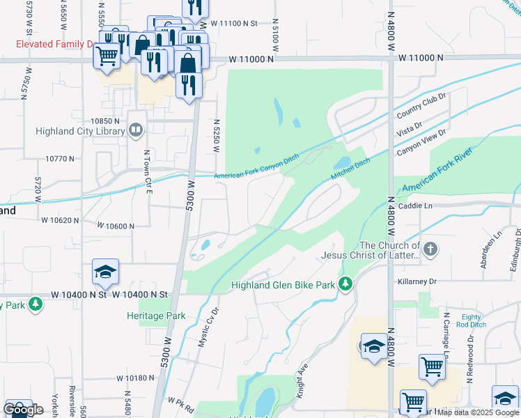 map of restaurants, bars, coffee shops, grocery stores, and more near 10637 East Jerling Drive in Highland