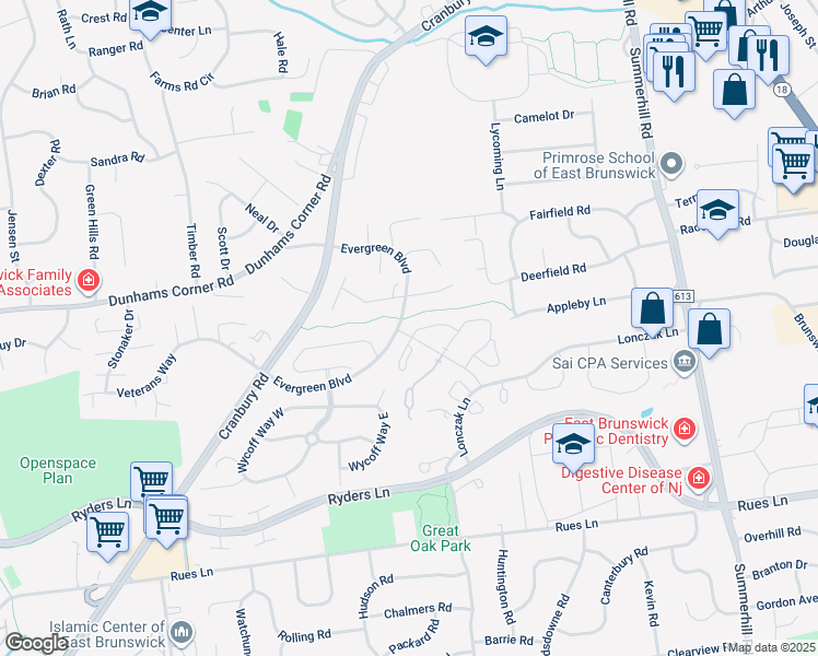 map of restaurants, bars, coffee shops, grocery stores, and more near 231 Manahan Road in East Brunswick