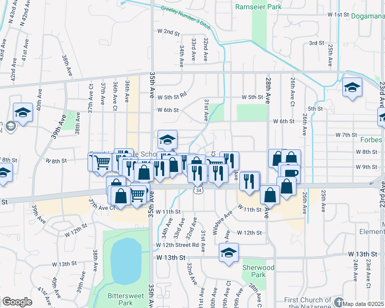 map of restaurants, bars, coffee shops, grocery stores, and more near 805 31st Avenue in Greeley