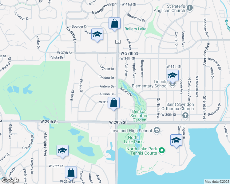 map of restaurants, bars, coffee shops, grocery stores, and more near 1403 Allison Drive in Loveland