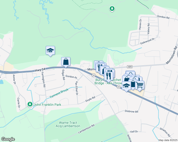 map of restaurants, bars, coffee shops, grocery stores, and more near 323 New Jersey 34 in Matawan