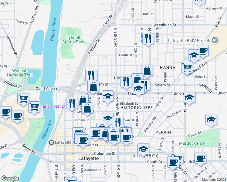 map of restaurants, bars, coffee shops, grocery stores, and more near 802 North 9th Street Road in Lafayette