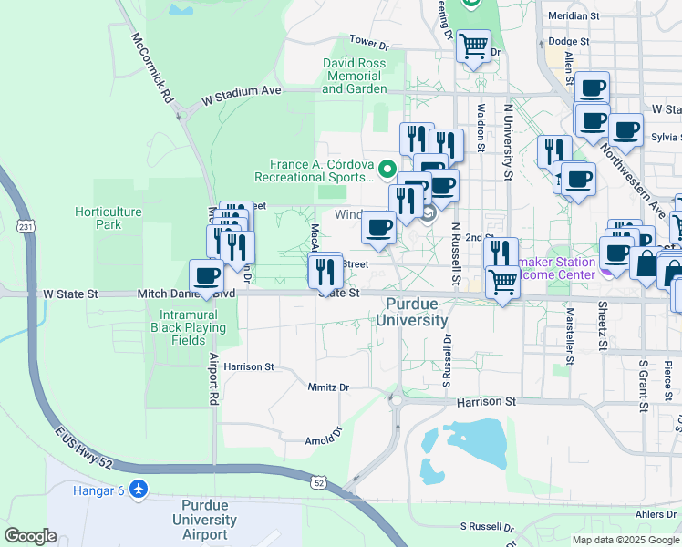 map of restaurants, bars, coffee shops, grocery stores, and more near 1250 1st Street in West Lafayette