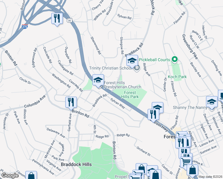 map of restaurants, bars, coffee shops, grocery stores, and more near 1821 Ardmore Boulevard in Pittsburgh