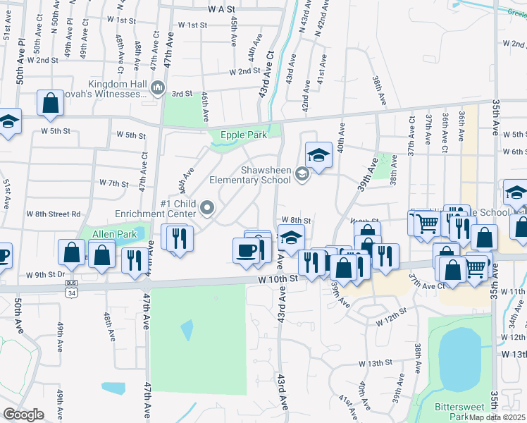 map of restaurants, bars, coffee shops, grocery stores, and more near 736 43rd Avenue Court in Greeley