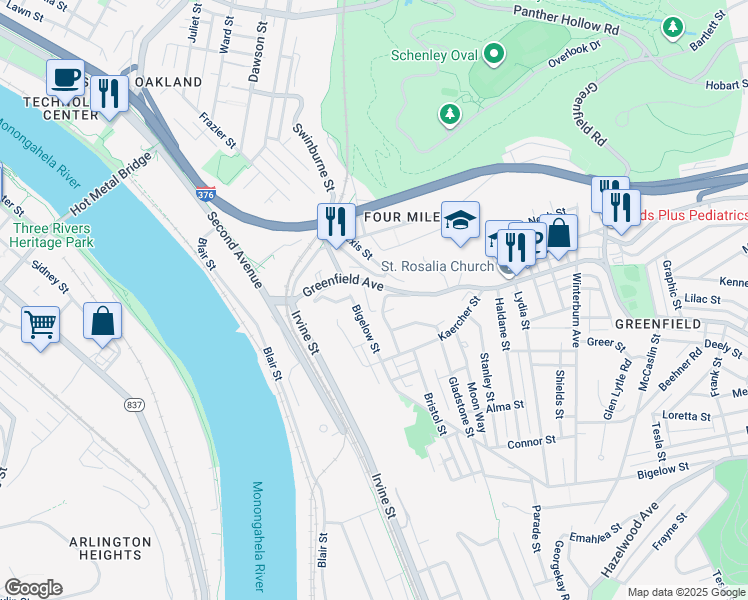 map of restaurants, bars, coffee shops, grocery stores, and more near 2 Tunstall Street in Pittsburgh