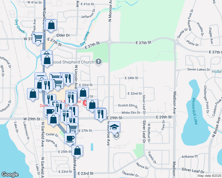 map of restaurants, bars, coffee shops, grocery stores, and more near 3221 White Elm Court in Loveland