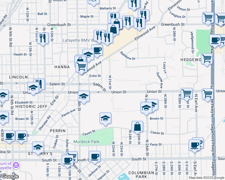 map of restaurants, bars, coffee shops, grocery stores, and more near 2401 Union St in Lafayette