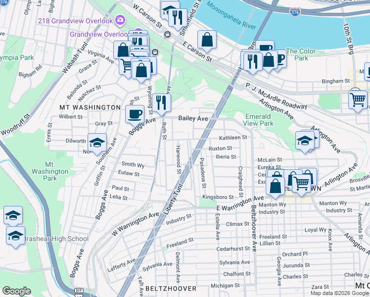 map of restaurants, bars, coffee shops, grocery stores, and more near 44 Harwood Street in Pittsburgh