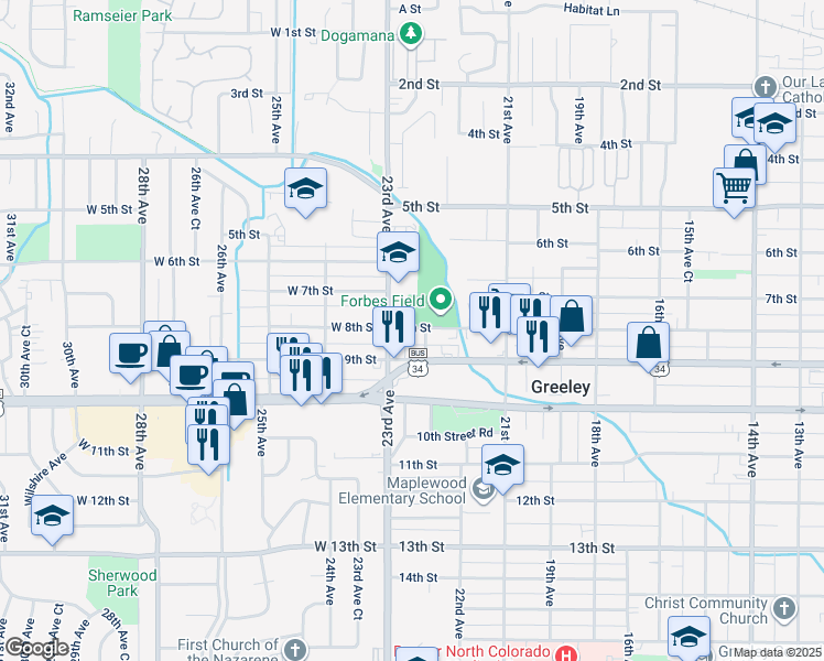 map of restaurants, bars, coffee shops, grocery stores, and more near 2212 8th Street in Greeley