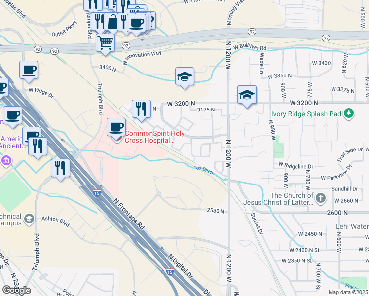 map of restaurants, bars, coffee shops, grocery stores, and more near 1441w WestBury Way in Lehi