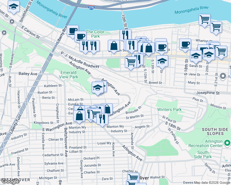 map of restaurants, bars, coffee shops, grocery stores, and more near 912 Arlington Avenue in Pittsburgh