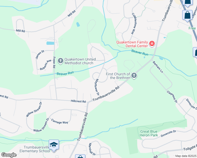 map of restaurants, bars, coffee shops, grocery stores, and more near 1034 Mayflower Drive in Quakertown