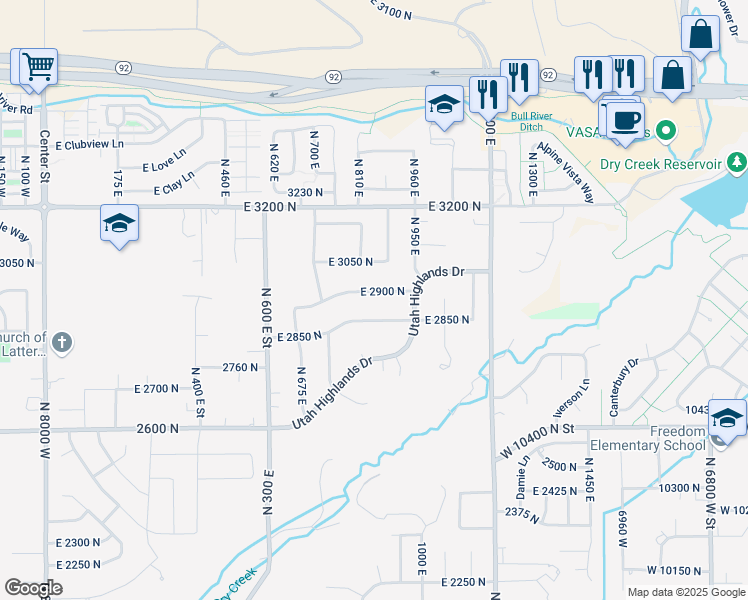 map of restaurants, bars, coffee shops, grocery stores, and more near 858 East 2900 North in Lehi