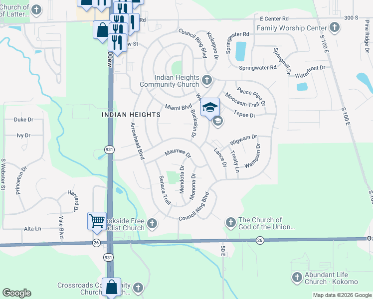 map of restaurants, bars, coffee shops, grocery stores, and more near 804 Maumee Drive in Kokomo