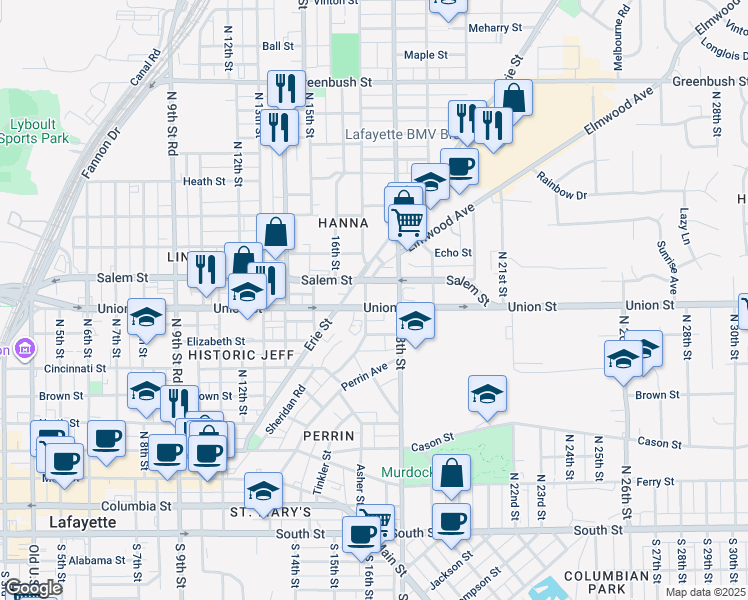 map of restaurants, bars, coffee shops, grocery stores, and more near 1708 Union Street in Lafayette