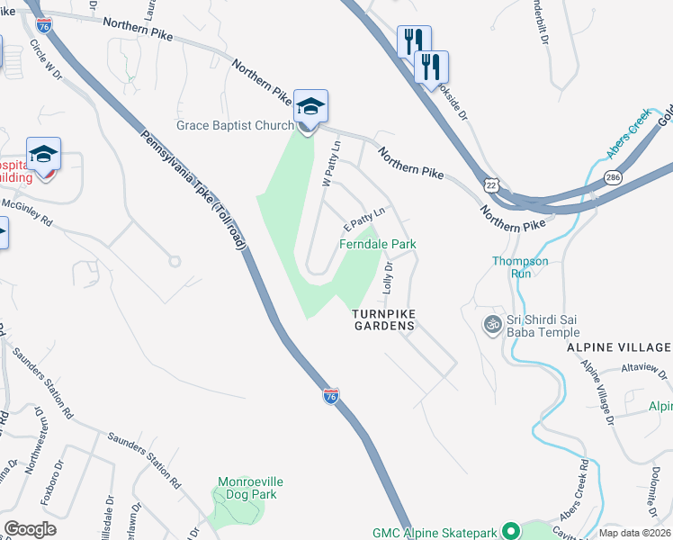 map of restaurants, bars, coffee shops, grocery stores, and more near 208 E Patty Ln in Monroeville