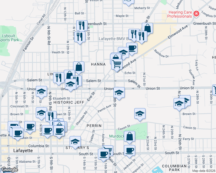 map of restaurants, bars, coffee shops, grocery stores, and more near 1708 Union Street in Lafayette