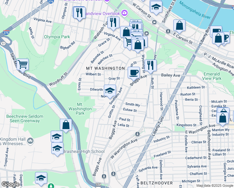 map of restaurants, bars, coffee shops, grocery stores, and more near 166 Southern Avenue in Pittsburgh