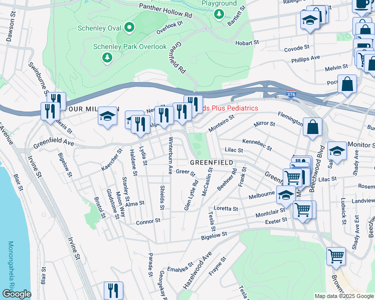 map of restaurants, bars, coffee shops, grocery stores, and more near 742 Greenfield Avenue in Pittsburgh
