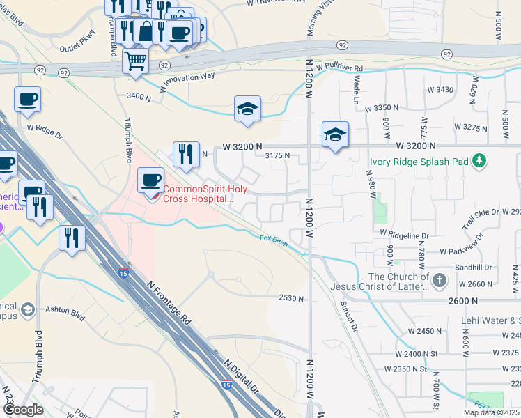 map of restaurants, bars, coffee shops, grocery stores, and more near 2968 North 1410 West in Lehi