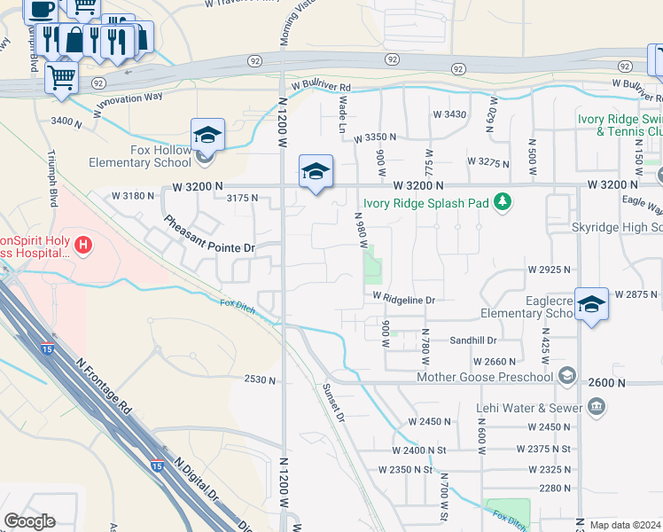 map of restaurants, bars, coffee shops, grocery stores, and more near 2960 North 1080 West in Lehi