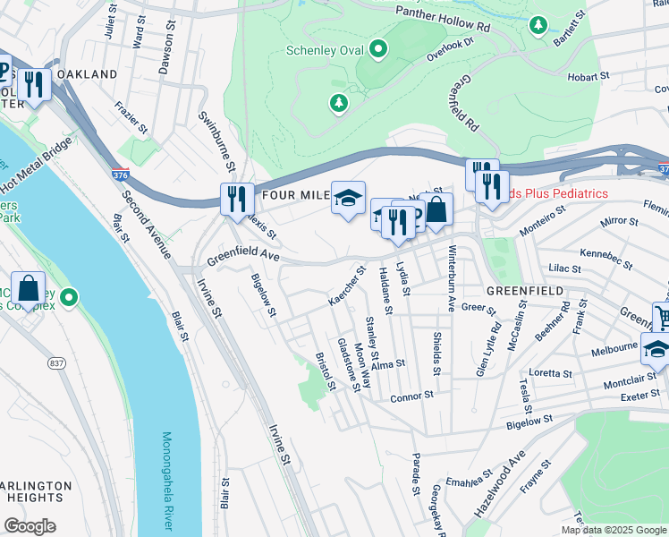 map of restaurants, bars, coffee shops, grocery stores, and more near 340 Greenfield Avenue in Pittsburgh