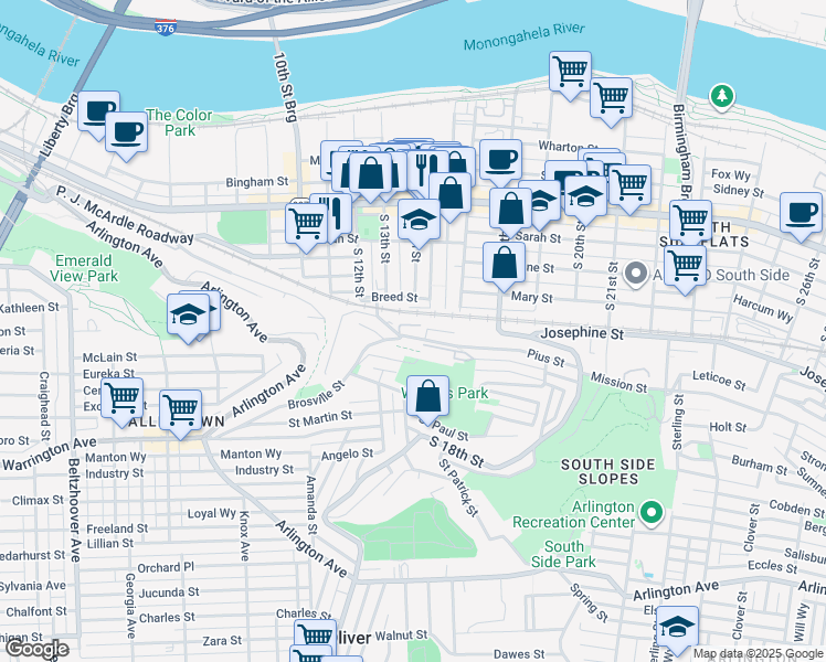 map of restaurants, bars, coffee shops, grocery stores, and more near 1 Pius Street in Pittsburgh